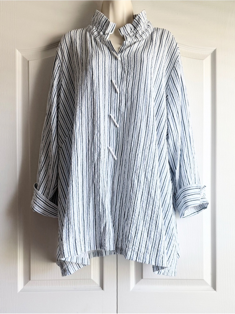 Ali Miles Stand Collar Striped Tunic Shirt